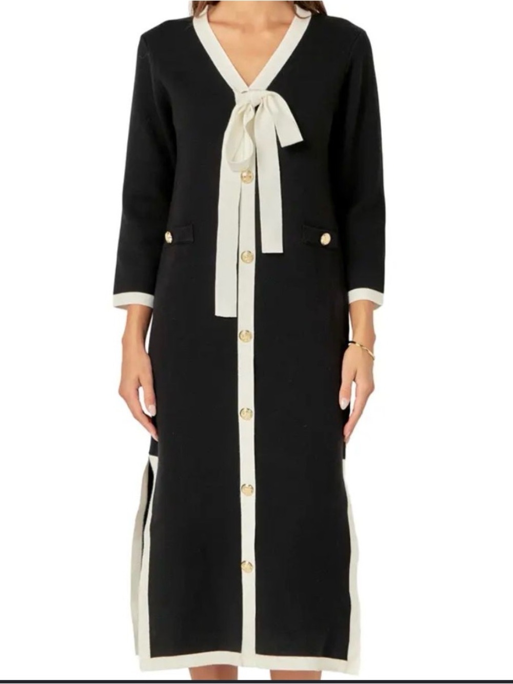 English Factory Black Midi Dress with Cream Trim and Bow